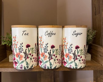 Stunning Flower meadow Tea, coffee, sugar jars