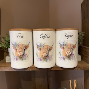 Stunning Highland cow Tea, coffee, sugar jars