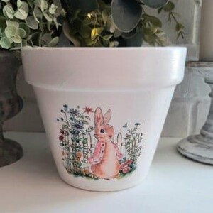 Puede incluir: Maceta de cerámica blanca con un diseño floral que presenta un conejo con una chaqueta rosa. El conejo está de pie frente a una valla blanca.
