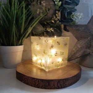 Bee Square glass Tealight Holder/Nightlight. Available with or without battery fairy lights.