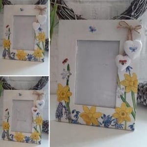 Stunning Sunflower and butterfly Decoupaged Photo frame. With handing wooden hearts.
