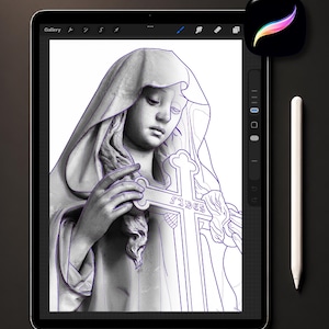 May include: A digital tablet displaying a stencil kit featuring a grayscale illustration of a figure in a hooded robe holding a cross with the word SIDES visible. The screen shows the Procreate app interface with a stylus positioned to the right.