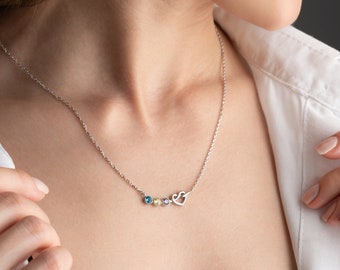 Birthstone Love Knot Necklace, Mom Necklace Wth Kids Birthstone Heart Necklace, Family Member Birthstones Necklace - Chakra Compatible Stone