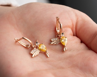 Personalized Birthstone Lucky Hummingbird Earrings - Power and Love Hummingbird Earrings - Phoenix Birthstone Earrings - Dangling Earrings