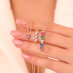 Personalized Triangle Birthstone Vertical Necklace, Family Birthstone Necklace, Family Member Birthstones Necklace, Chakra Gemstone Necklace