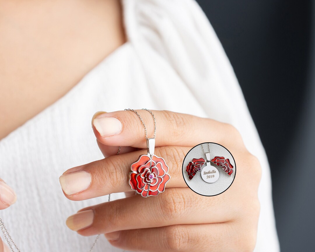 Personalized Openable Rose Locket Necklace, Flower Necklace With Hidden ...