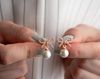 Sterling Silver Ribbon Bow Earrings, Freshwater Pearl, Bridal Charm, Dainty Pearl Studs