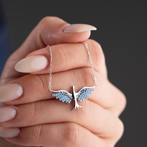 Dainty Phoenix Necklace, Blue Wings, Mythical Jewelry, Fire Bird Pendant, Re Birth Jewelry