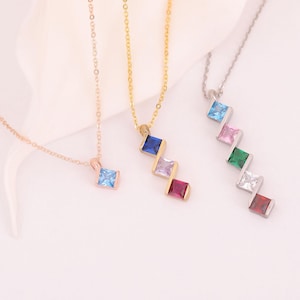 Personalized Square Birthstone Vertical Necklace, Family Birthstone Necklace, Family Member Birthstones Necklace, Chakra Gemstone Necklace