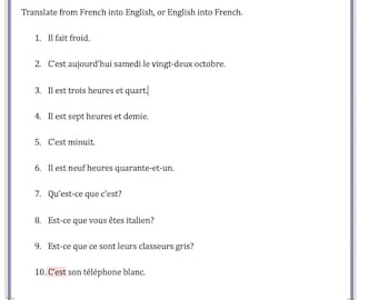 Beginning French Quiz: colors, weather, time, être, aller. Printable Download.