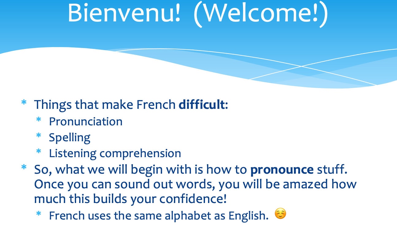 French First Day Pronunciation Lesson, Teaching Presentation, French Beginner Day One, Learning Spelling, Accents, Powerpoint Template