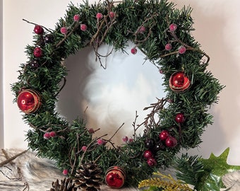 Artificial Pine Garland Wreath with Lifelike Holly Berries - Festive Holiday Decor, Handcrafted Christmas Door Decoration