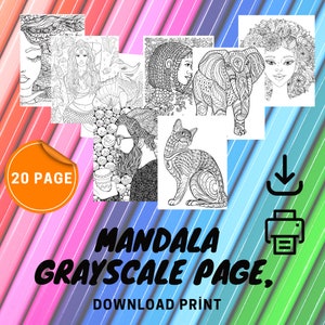 Printable Animal Human Mandala 20 Coloring Pages, Relaxation Coloring Book, Adult Coloring, Grayscale Coloring, PDF, Instant Download