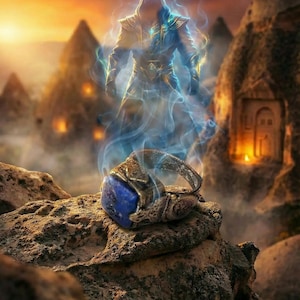 May include: An ornate ring with a large, square blue gemstone rests on a rocky surface. A spectral figure in armor and a crown hovers above the ring, with glowing blue energy surrounding it. The background features a sunset and ancient structures.