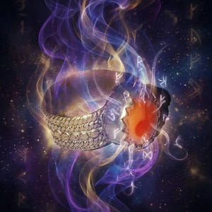 May include: A silver ring with an orange gemstone, set against a cosmic background with swirling purple and yellow smoke. The ring has intricate detailing and is surrounded by glowing runes.