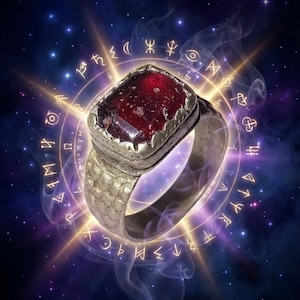 May include: A silver ring with a large, rectangular, deep red gemstone. The ring has a textured band and is set against a cosmic background with glowing symbols and swirling smoke.
