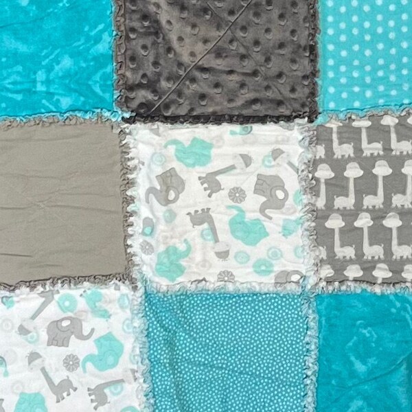 Gray Giraffe Baby Rag Quilt; Grey Elephant Rag Quilt; Teal Flannel Baby Quilt; Gray Baby Blanket; Pastel Baby Rag Quilt; Zoo Animal Baby Rag