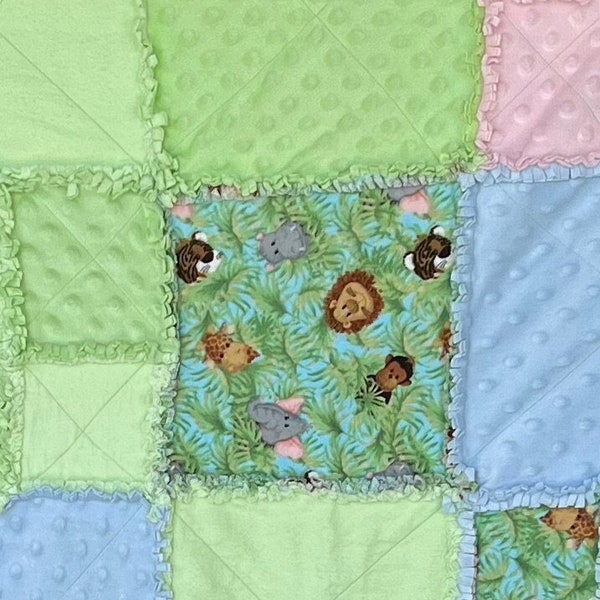 Jungle Baby Rag Quilt; Jungle Baby Blanket; Lion Baby Blanket; Animal Baby Quilt; Zoo Animal Baby Blanket; Green Baby Quilt; Handmade Blanke