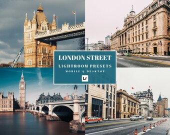 May include: A composite image showcasing London street scenes. The image includes the Tower Bridge, Big Ben, and other architectural landmarks. Text overlay reads "LONDON STREET LIGHTROOM PRESETS MOBILE & DESKTOP". The overall color palette is muted with a focus on architectural details.
