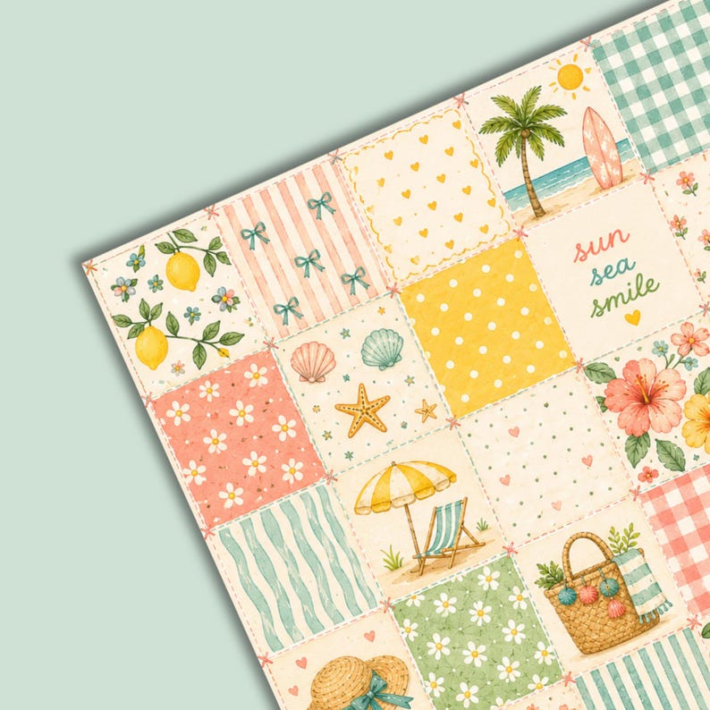 Summer Patchwork Pattern Bundle | Boho Seamless Digital Paper | Watercolor Coastal Coquette PNG | Scrapbook Paper | Sublimation Design image 6