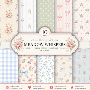 May include: A digital collection of 10 seamless patterns titled MEADOW WHISPERS, featuring watercolor designs of pink roses, blue bows, white polka dots, and gingham checks. Each file is 12x12 inches at 300 DPI, presented in PNG format.