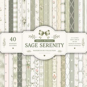 Paquete de 40 patrones sin costuras en verde salvia / Papel digital floral de estilo rústico vintage / PNG de acuarela / Diseño para sublimación y telas infantiles