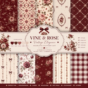 Puede incluir: Una colección digital de diez patrones sin costuras titulada Vine & Rose Vintage Elegance. El conjunto presenta varios diseños que incluyen estampados florales en rojo oscuro y crema, patrones de celosía, rayas con lazos y un cuadro vichy rojo y blanco.
