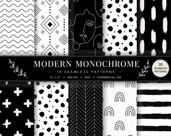 Minimal Black and White Seamless Pattern Bundle | Scandinavian Abstract Digital Paper | Modern Fabric Print IMonochrome 10 Seamless Pattern
