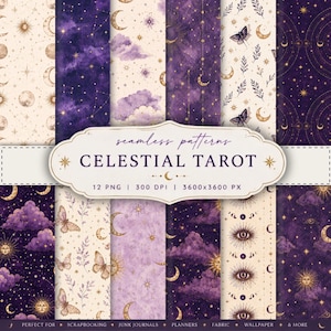 May include: A collection of twelve seamless digital patterns titled CELESTIAL TAROT. The designs feature purple and cream backgrounds with illustrations of moons, suns, stars, clouds, butterflies, and eyes in gold and dark purple ink.