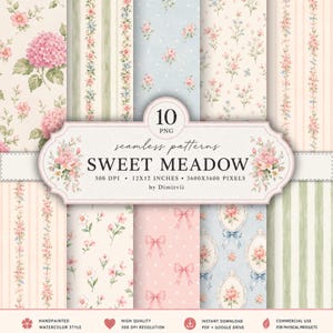 Puede incluir: Una colección digital de 10 patrones sin costuras titulada SWEET MEADOW de Dimitvii. El conjunto incluye archivos PNG de 300 DPI, 30,48x30,48 cm, 3600x3600 píxeles con ilustraciones en acuarela de flores rosas, rayas verdes, lunares y lazos.