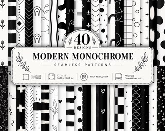 Paquete de patrones modernos monocromáticos sin costuras / 40 papeles digitales minimalistas en blanco y negro / Arte lineal escandinavo / Diseño para tela, álbum de recortes y superficies