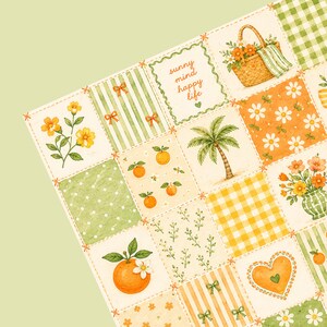 May include: A patterned sheet featuring a grid of square illustrations in yellow, orange, and green. Designs include a picnic basket, palm tree, oranges, flowers, gingham, stripes, polka dots, and a heart with the text sunny mind happy life.