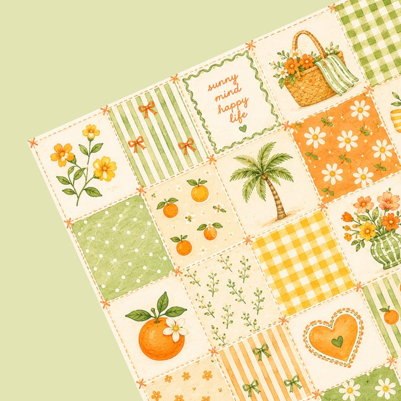 May include: A patterned sheet featuring a grid of square illustrations in yellow, orange, and green. Designs include a picnic basket, palm tree, oranges, flowers, gingham, stripes, polka dots, and a heart with the text sunny mind happy life.