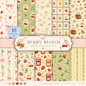Op de afbeelding: Een digitale collectie van 10 naadloze patronen genaamd Berry Bloom, met illustraties van aardbeien, kersen, madeliefjes, linten en jampotten in een zacht kleurenpalet van rood, groen, geel en crème op diverse achtergronden.