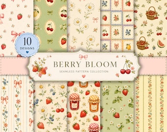 Zestaw papieru cyfrowego Strawberry Cottagecore | 10 bezszwowych wzorów akwarelowych | Papier do scrapbookingu Coquette Floral Cherry Vintage Summer
