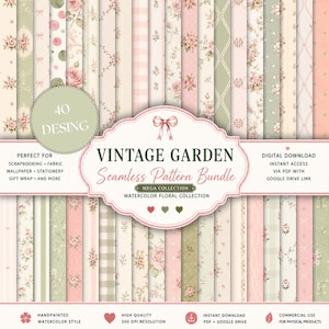 Può includere: Una collezione digitale di 40 motivi senza cuciture con disegni floreali ad acquerello, righe, quadretti vichy e pois in tonalità rosa tenue, verde salvia e crema. Il testo recita VINTAGE GARDEN Seamless Pattern Bundle e MEGA COLLECTION.