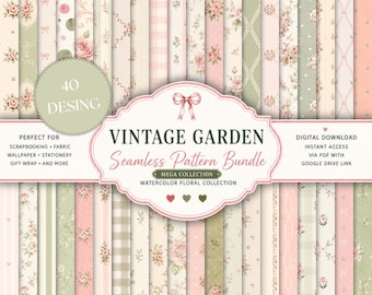 Zestaw bezszwowych wzorów „Vintage Rose Garden” | 40 cyfrowych papierów w kolorze różowo-szałwiowym | Róże w stylu shabby chic Coquette Cottagecore | Papier do scrapbookingu