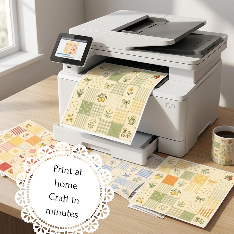 Peut inclure: Une imprimante multifonction blanche &eacute;mettant une feuille de papier avec une grille de motifs botaniques et vichy. Des feuilles imprim&eacute;es suppl&eacute;mentaires avec des motifs similaires sont &eacute;parpill&eacute;es &agrave; proximit&eacute;, avec une tasse assortie.