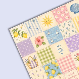 May include: A decorative paper sheet featuring a patchwork grid of summer-themed illustrations including yellow lemons, a bright sun, sailboats on water, a pink hibiscus flower, a woven tote bag, green gingham, and text reading sea sun salt.