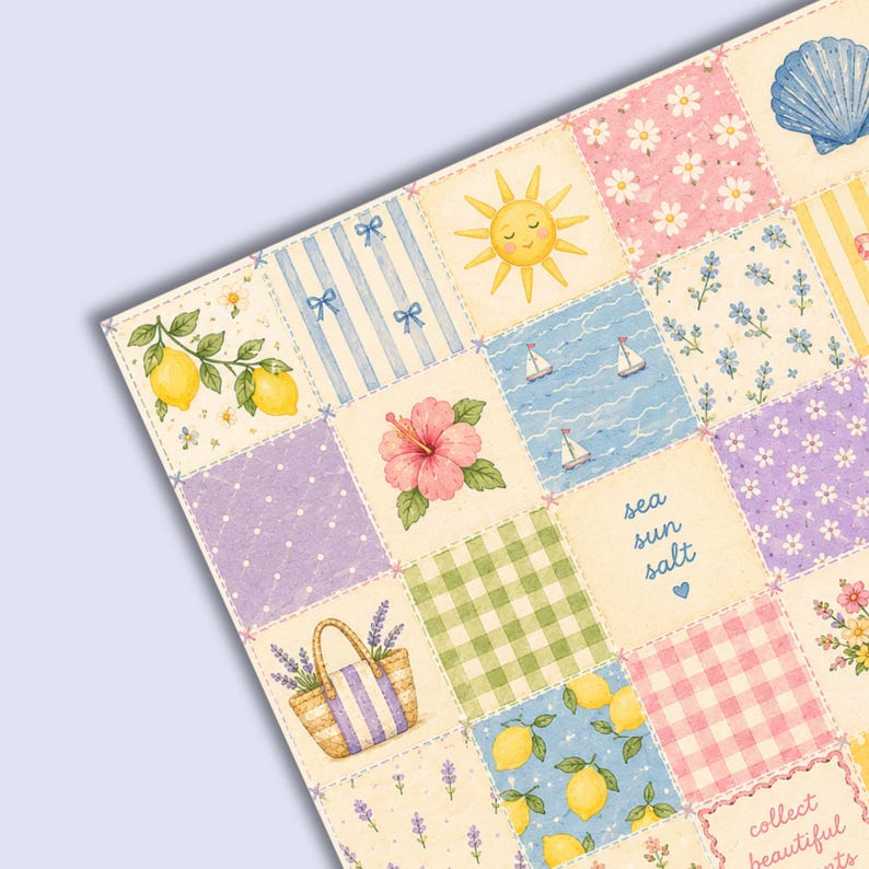 May include: A decorative paper sheet featuring a patchwork grid of summer-themed illustrations including yellow lemons, a bright sun, sailboats on water, a pink hibiscus flower, a woven tote bag, green gingham, and text reading sea sun salt.