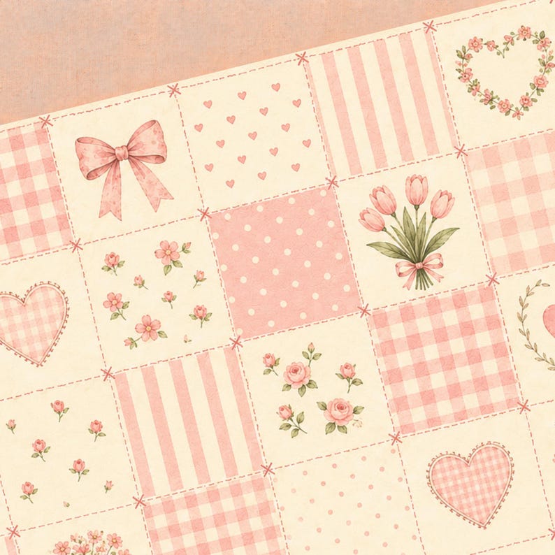 Peut inclure: Une feuille de papier ou de tissu style patchwork avec une grille de carr&eacute;s cr&egrave;me et rose p&acirc;le. Les motifs incluent du vichy rose, des pois, des rayures verticales, des petites fleurs, un grand n&oelig;ud rose, un bouquet de tulipes et des c&oelig;urs.