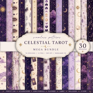 Può includere: Una collezione di 30 motivi digitali senza cuciture con temi di tarocchi celestiali in tonalità viola, oro e crema. I design includono soli, lune, stelle, nuvole, cristalli, occhi, farfalle e carte dei tarocchi su vari sfondi.