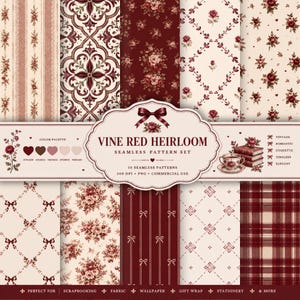 Peut inclure: Une collection numérique de dix motifs sans couture intitulée Vine Red Heirloom, présentant divers designs dans des tons de rouge profond et de crème. Les motifs incluent des roses, des rayures verticales, des treillis et des carreaux.