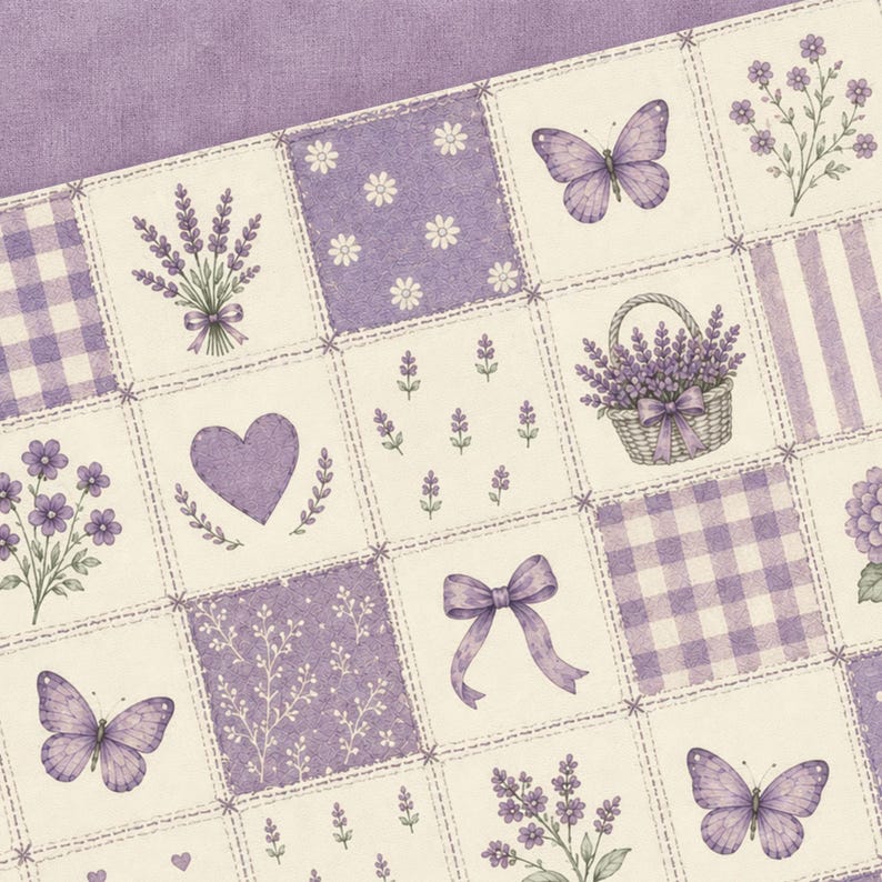 Peut inclure: Un motif de tissu compos&eacute; d'une grille de carr&eacute;s dans des tons de violet et de cr&egrave;me. Les carr&eacute;s pr&eacute;sentent des illustrations de brins de lavande, de papillons, d'un panier de lavande, d'un c&oelig;ur, d'un n&oelig;ud, de vichy et de motifs floraux.