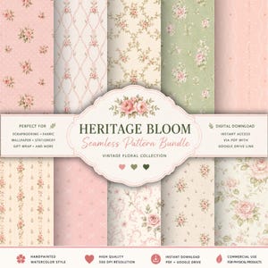 Puede incluir: Una colección digital de patrones sin costuras con varios diseños florales en tonos rosa, crema y verde. La etiqueta central muestra el texto HERITAGE BLOOM Seamless Pattern Bundle VINTAGE FLORAL COLLECTION con pequeños iconos de corazones.