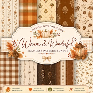May include: A digital collection of seamless patterns featuring autumn themes including pumpkins, acorns, pinecones, lanterns, and foliage in shades of brown, orange, and cream. The central label displays the text Harvest Days Collection Warm & Wonderful Seamless Pattern Bundle with decorative illustrations of a pumpkin, leaves, and a lantern.