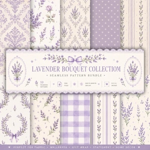 May include: A digital collection of ten seamless patterns featuring lavender bouquets, floral damask, gingham, and striped designs in shades of purple and cream. The central label reads Lavender Bouquet Collection with 3600 x 3600 px and 12 x 12 inches.
