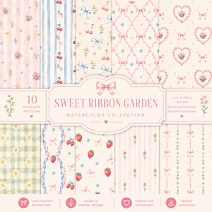 Op de afbeelding: Een digitale collectie van 10 naadloze aquarelpatronen genaamd Sweet Ribbon Garden, met illustraties van roze linten, rode kersen, aardbeien, madeliefjes en bloemmotieven op gestreepte, geruite en crèmekleurige achtergronden.