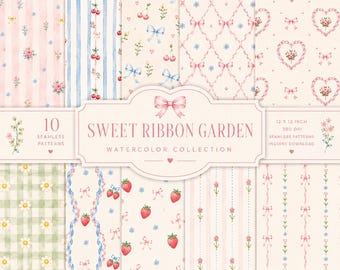 Coquette Cherry Strawberry Seamless Pattern Bundle | Pink Blue Ribbon Floral Digital Paper | Cottagecore PNG | Cute Preppy Sublimation
