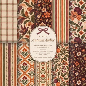 Höst 10 sömlöst mönster l Vintage höstblommigt digitalt papper, folkkonst botaniska mönster bunt, Cottagecore scrapbookingpapper, kommersiellt bruk